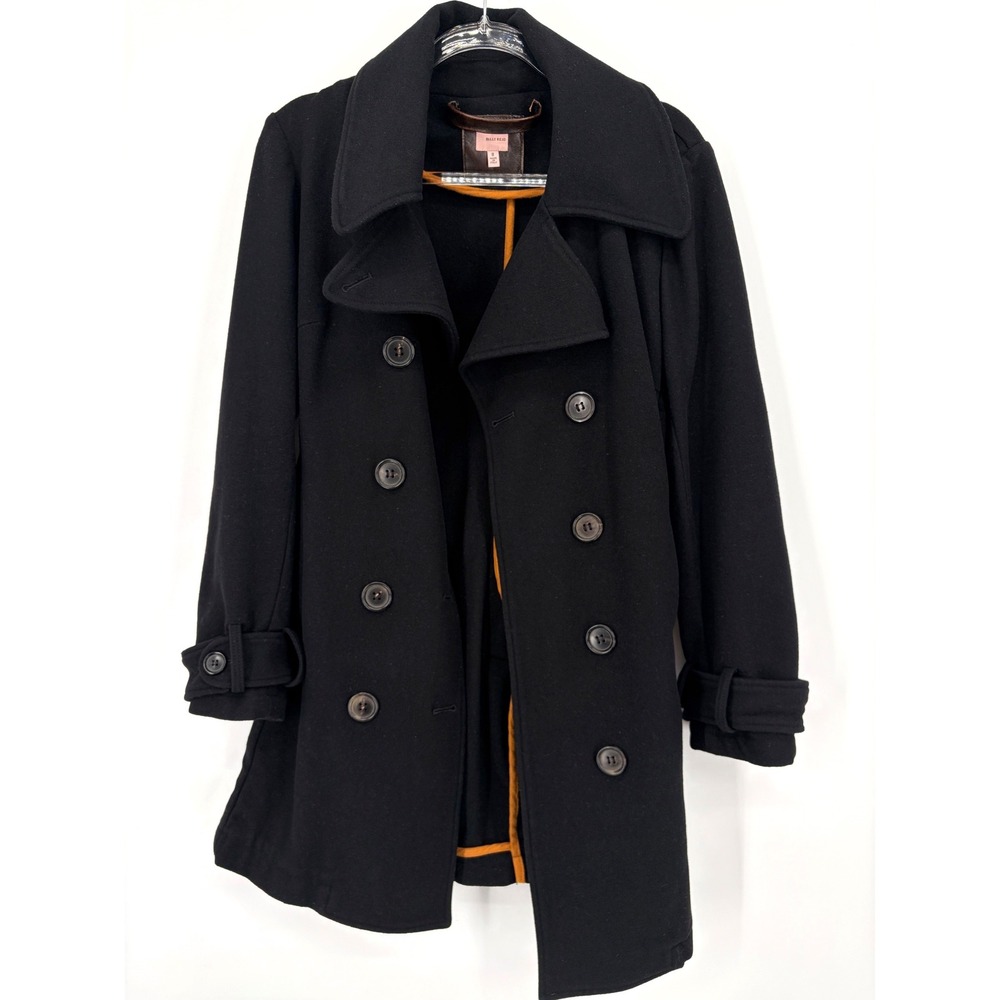 Billy Reid Black Wool Double Breasted Pea Coat Womens 8 Italy Leather Trim